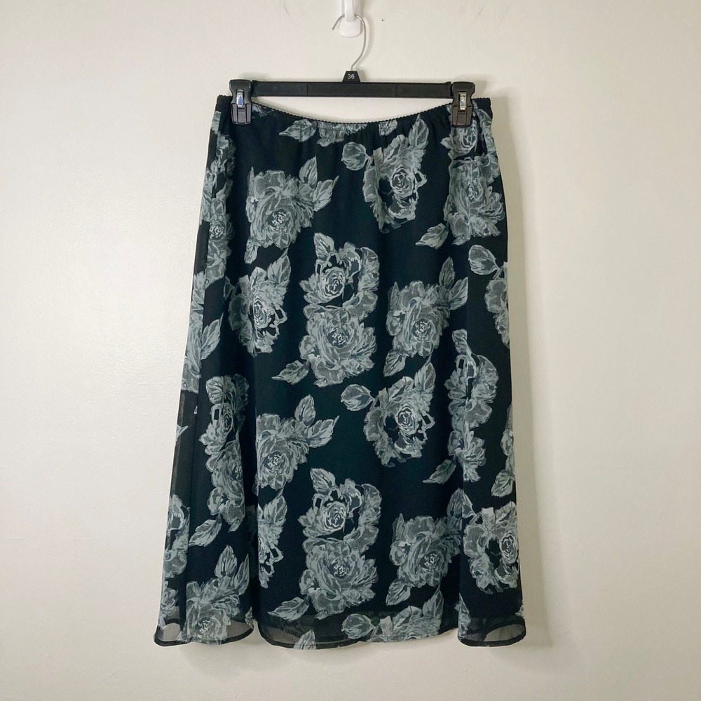Croft & Barrow Black Grey Rose Floral Chiffon Midi Skirt Elastic Waist 14 Boho
